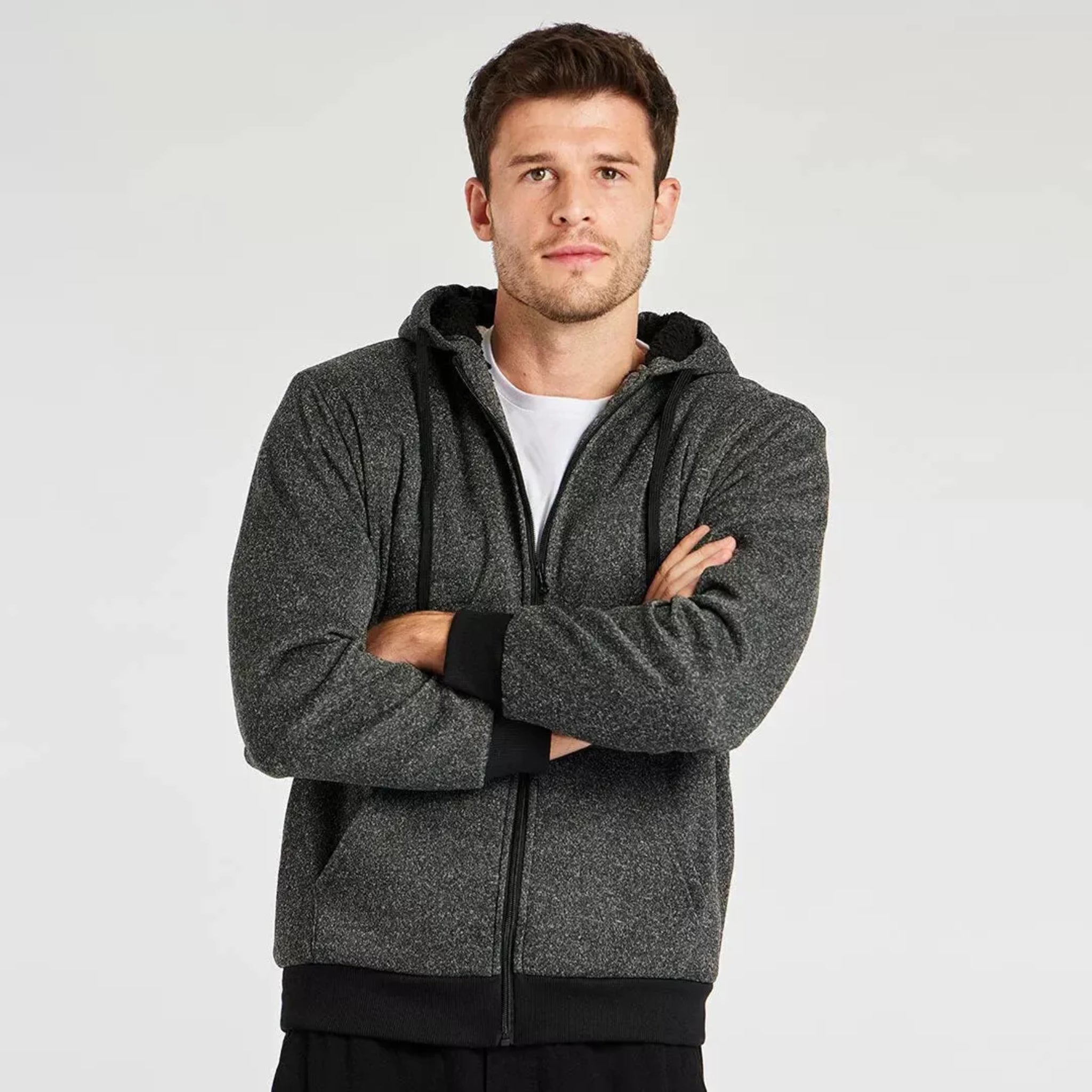 Men's fleece lined zip up hoodie in dark charcoal grey / black with black cuffs and drawstrings